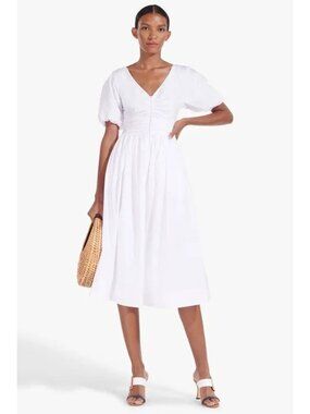 STAUD Greta Cotton Poplin Midi Dress in white Medium New Womens Midi